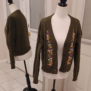 2/$50 New Floral Embroidered Olive Green Cardigan - Size Small (US4)